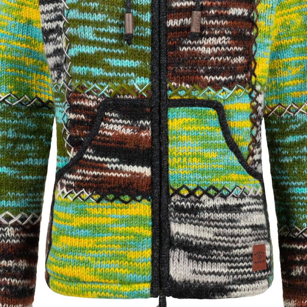 Kunst Und Magie Damen Strickjacke Goa Wolle Bunte Patchwork Winter Jacke Fleecefutter Hochkragen Zipfelkapuze Fabrikladen