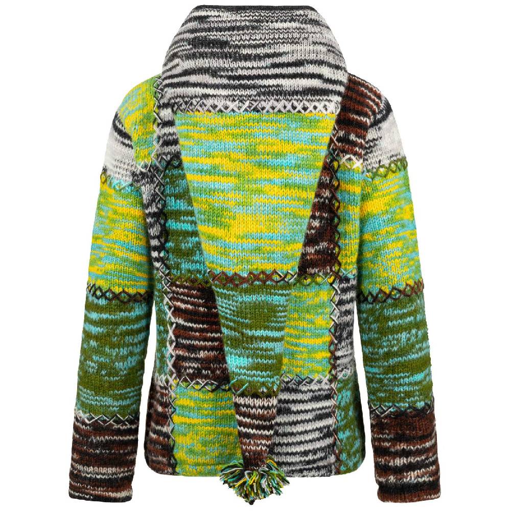 Kunst Und Magie Damen Strickjacke Goa Wolle Bunte Patchwork Winter Jacke Fleecefutter Hochkragen Zipfelkapuze Fabrikladen