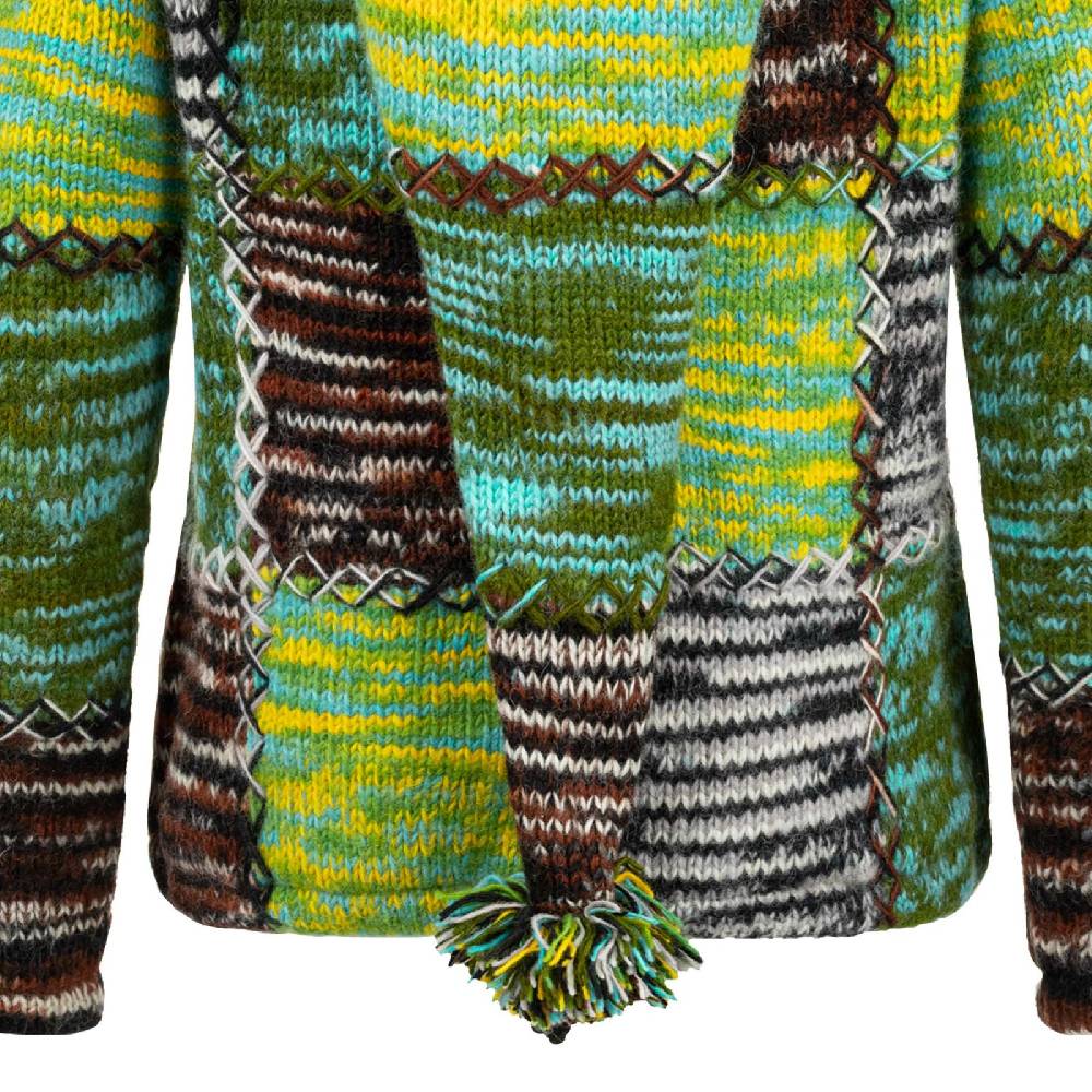 Kunst Und Magie Damen Strickjacke Goa Wolle Bunte Patchwork Winter Jacke Fleecefutter Hochkragen Zipfelkapuze Fabrikladen