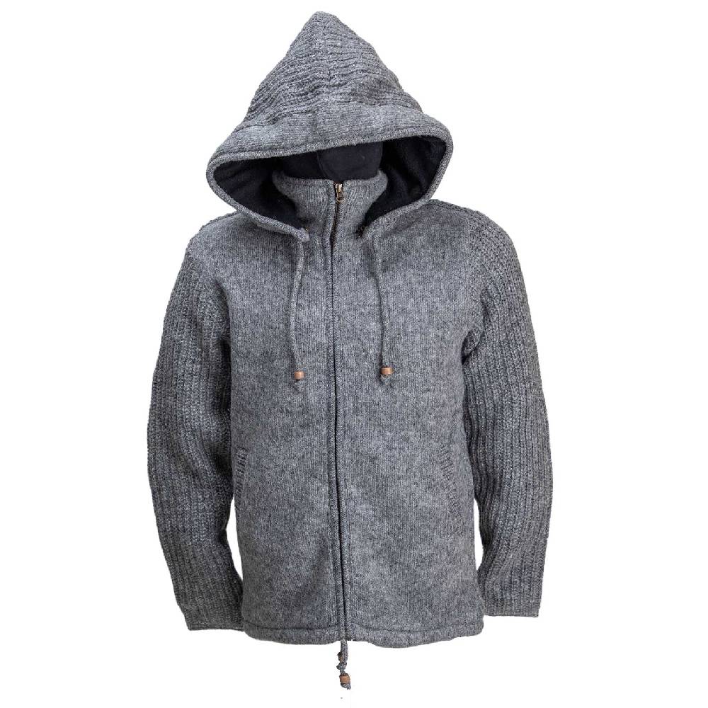 Kunst Und Magie Strickjacke Schurwolle Klassich Nordisch Wolle Jacke mit Kapuze Kragen Futter Unisex Grau Blitzverkäufe