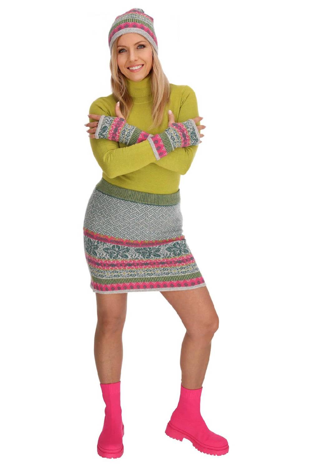 Kunst Und Magie Bunter Strickrock Knielanger Rock aus Schurwolle vom Lamm Lammwolle Wollrock Feinstrick Boho Cyber Monday