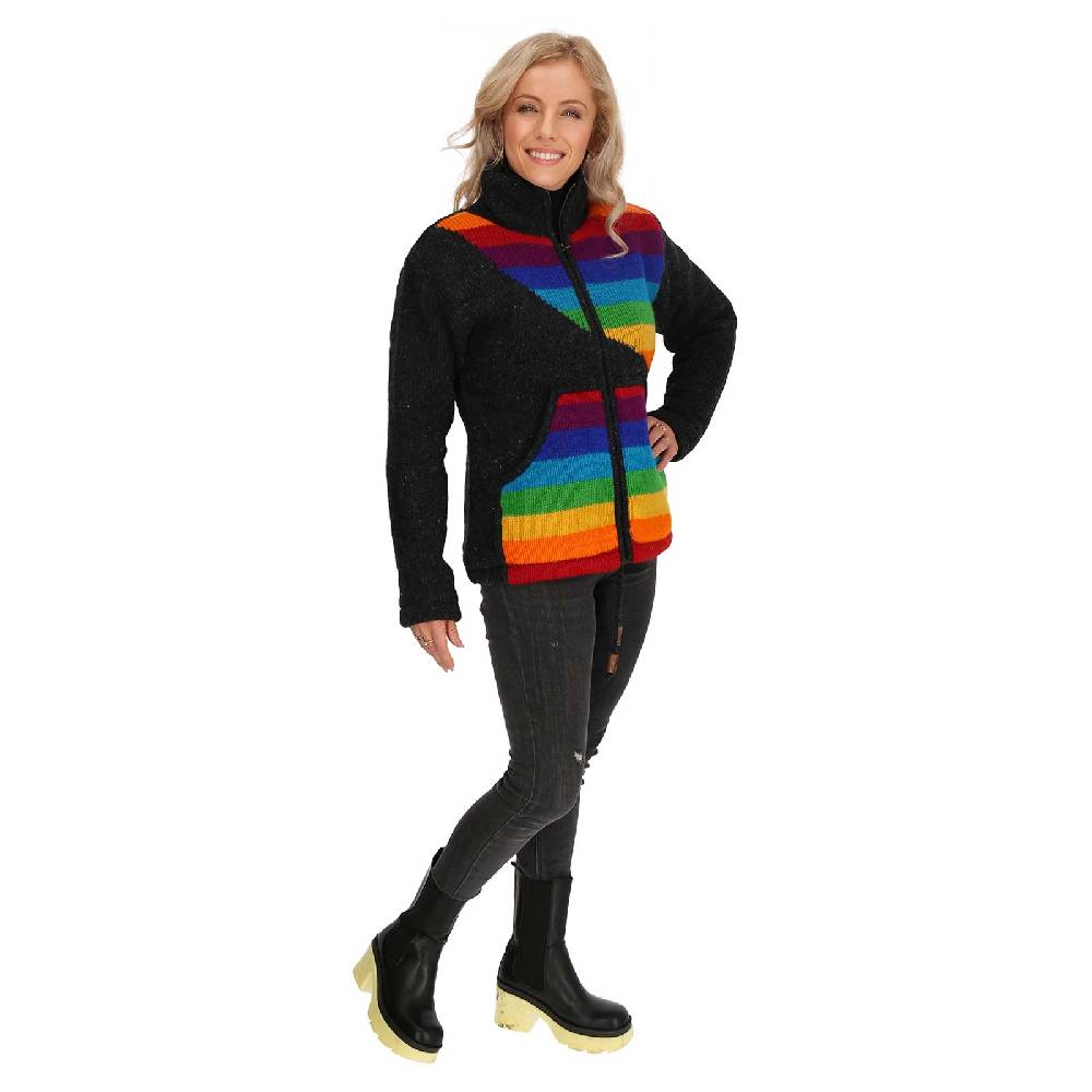 Kunst Und Magie Damen Strickjacke gefütterte Wolljacke Strickpullover Goa Wolle Bunte Jacke Regenbogen Bestseller