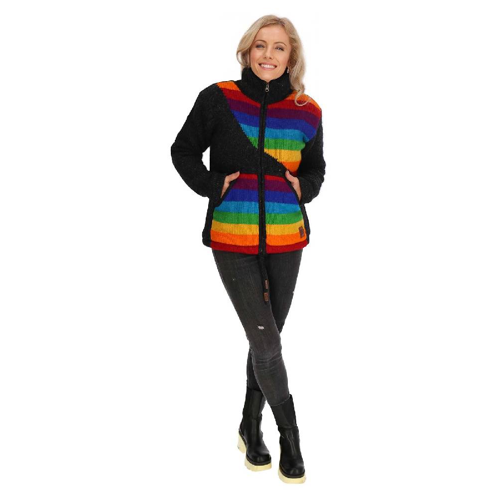 Kunst Und Magie Damen Strickjacke gefütterte Wolljacke Strickpullover Goa Wolle Bunte Jacke Regenbogen Bestseller