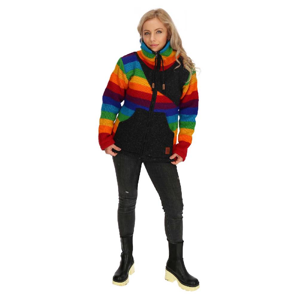 Kunst Und Magie Strickjacke Goa Wolle Bunte Regenbogen Jacke Fleecefutter Hochkragen Unisex Fair Saisonale Angebote