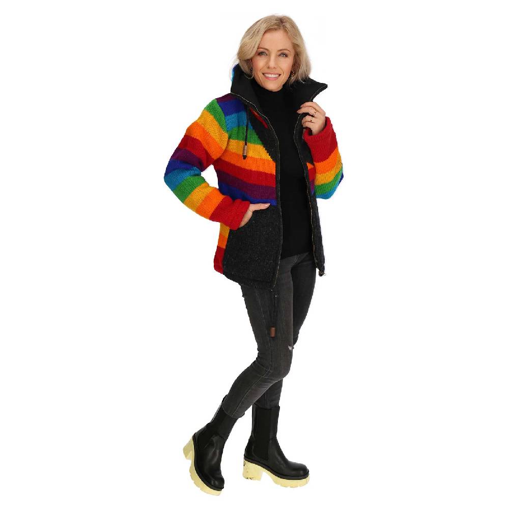Kunst Und Magie Strickjacke Goa Wolle Bunte Regenbogen Jacke Fleecefutter Hochkragen Unisex Fair Saisonale Angebote