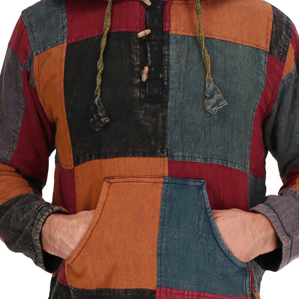 Kunst Und Magie KUNST UND MAGIE Herren bunt alternativ Baja Hoodie Fischerhemd Kapuze Patchwork gefüttert Tiefpreis