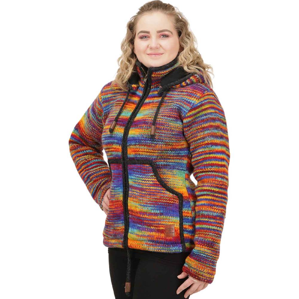 Kunst Und Magie Damen Strickjacke Goa Wolle Bunte Regenbogen Jacke Fleecefutter Hochkragen abnehmbarer Kapuze Nur für heute