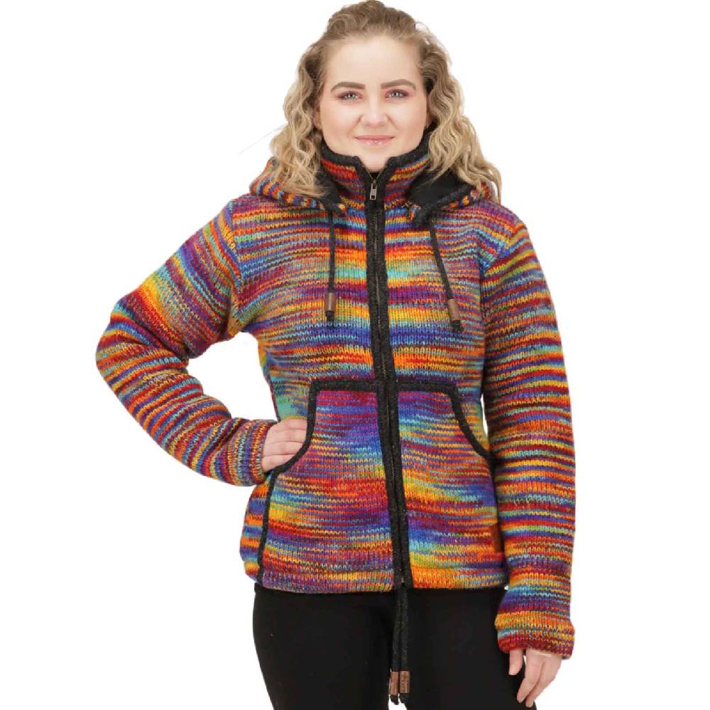 Kunst Und Magie Damen Strickjacke Goa Wolle Bunte Regenbogen Jacke Fleecefutter Hochkragen abnehmbarer Kapuze Nur für heute