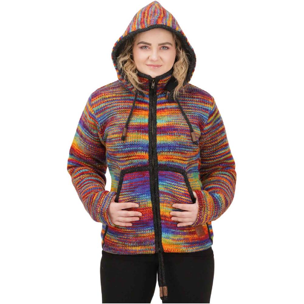 Kunst Und Magie Damen Strickjacke Goa Wolle Bunte Regenbogen Jacke Fleecefutter Hochkragen abnehmbarer Kapuze Nur für heute