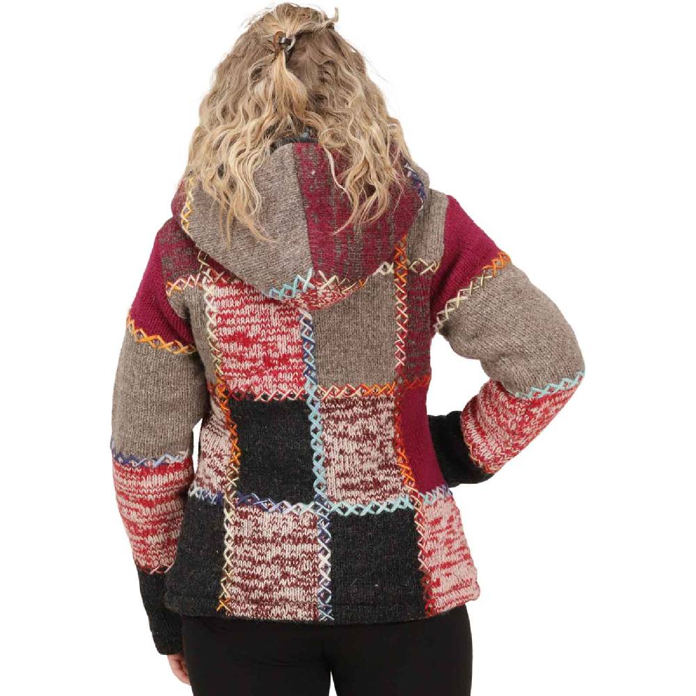Kunst Und Magie Damen Strickjacke Goa Wolle Bunte Patchwork Jacke Fleecefutter Hochkragen abnehmbarer Kapuze Sonderangebot der Fabrik