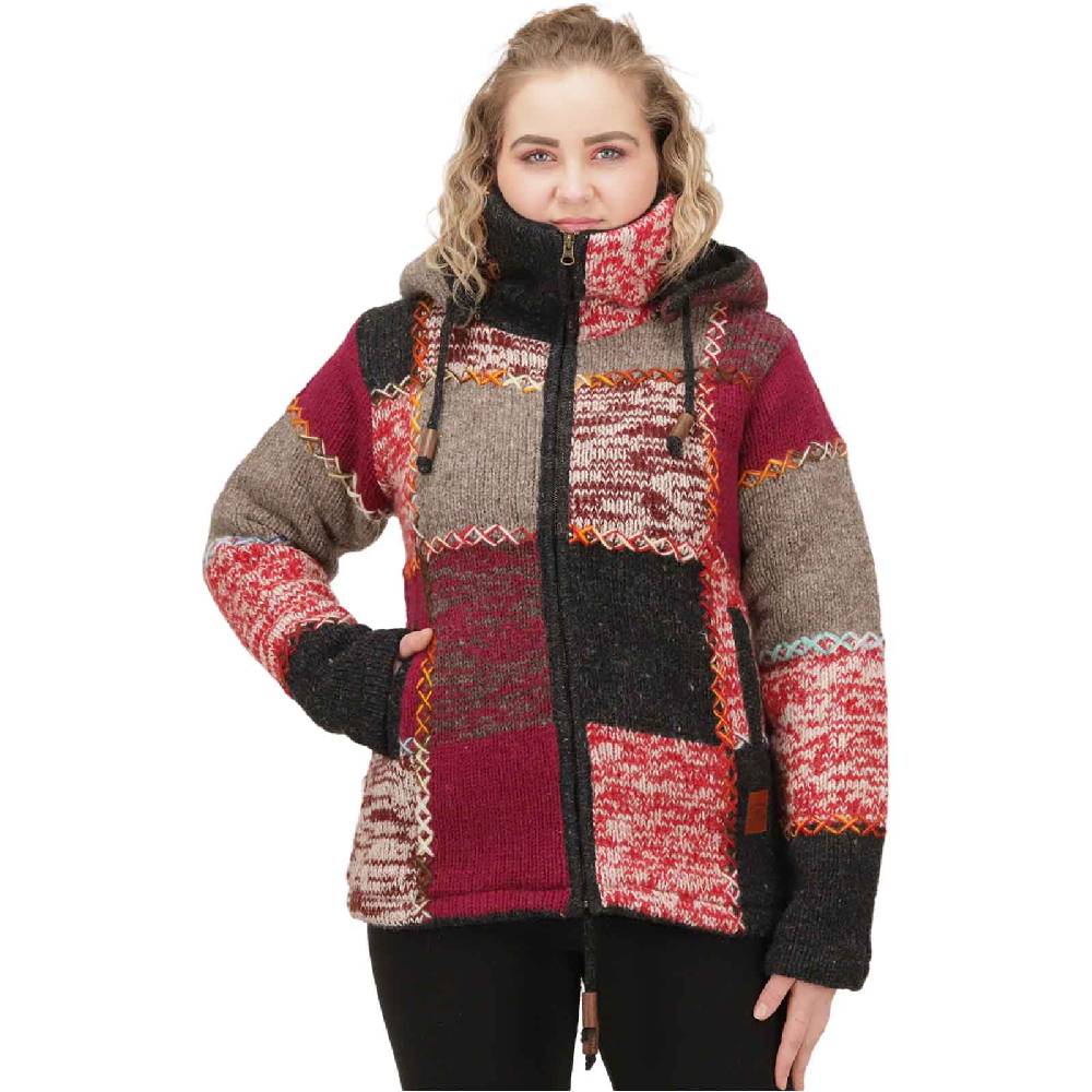 Kunst Und Magie Damen Strickjacke Goa Wolle Bunte Patchwork Jacke Fleecefutter Hochkragen abnehmbarer Kapuze Sonderangebot der Fabrik