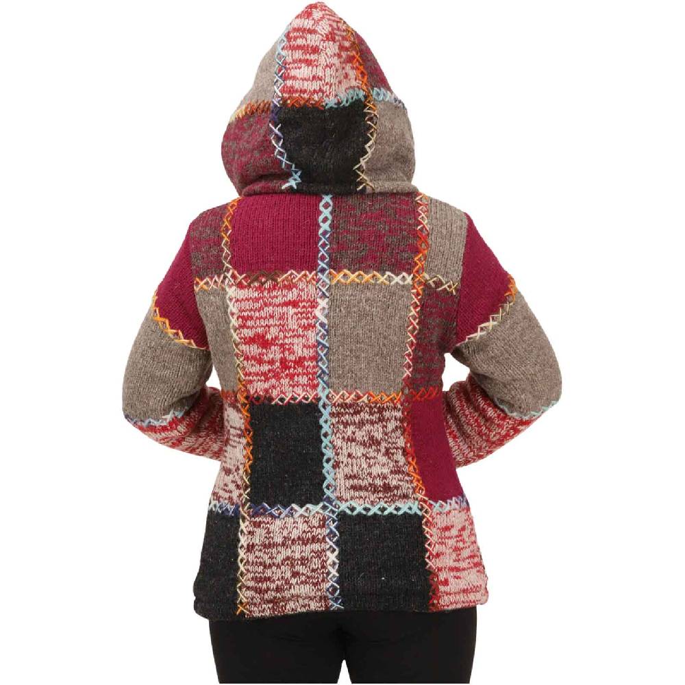Kunst Und Magie Damen Strickjacke Goa Wolle Bunte Patchwork Jacke Fleecefutter Hochkragen abnehmbarer Kapuze Sonderangebot der Fabrik