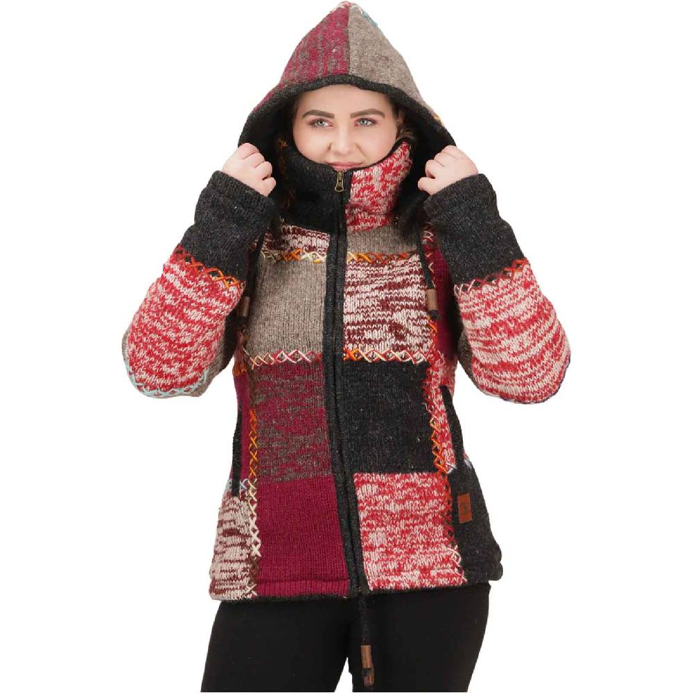 Kunst Und Magie Damen Strickjacke Goa Wolle Bunte Patchwork Jacke Fleecefutter Hochkragen abnehmbarer Kapuze Sonderangebot der Fabrik