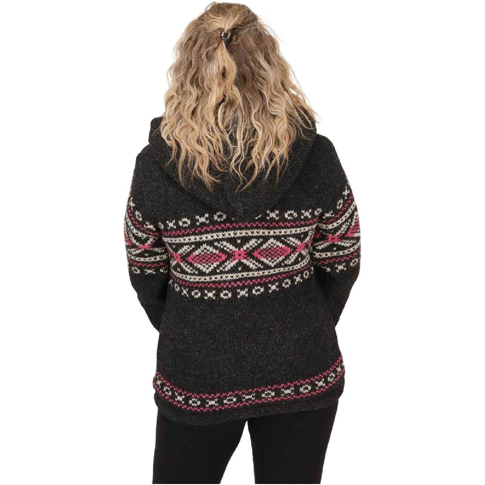 Kunst Und Magie Damen Klassische gefütterte Wolljacke Strickjacke Goa Wolle Jacke Norweger Muster abnehmbarer Kapuze Vierteljährliche Förderung