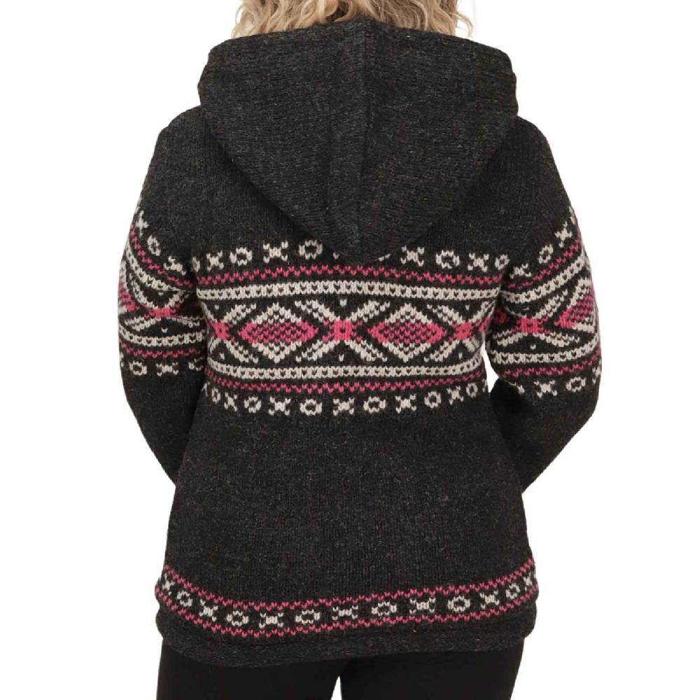 Kunst Und Magie Damen Klassische gefütterte Wolljacke Strickjacke Goa Wolle Jacke Norweger Muster abnehmbarer Kapuze Vierteljährliche Förderung