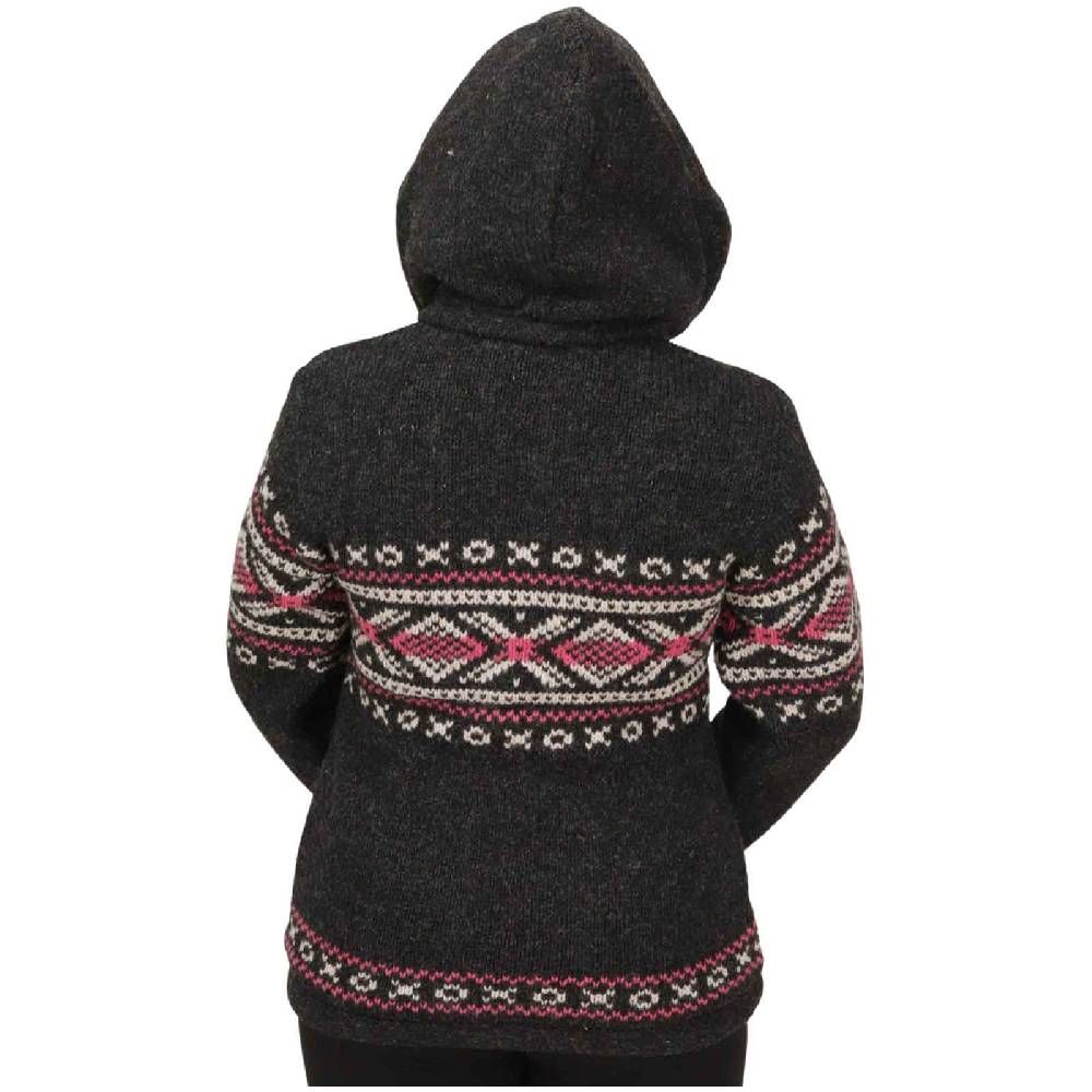 Kunst Und Magie Damen Klassische gefütterte Wolljacke Strickjacke Goa Wolle Jacke Norweger Muster abnehmbarer Kapuze Vierteljährliche Förderung