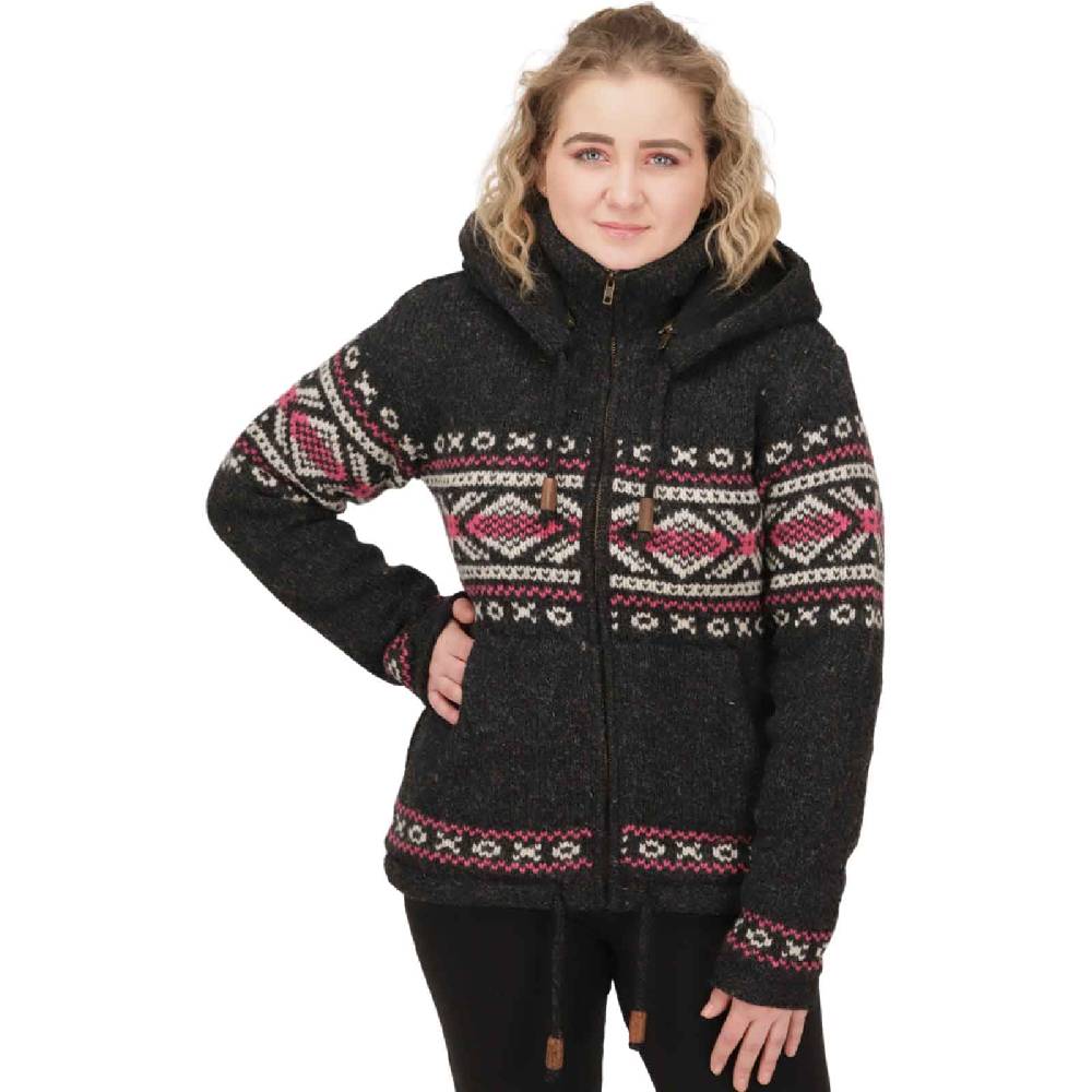 Kunst Und Magie Damen Klassische gefütterte Wolljacke Strickjacke Goa Wolle Jacke Norweger Muster abnehmbarer Kapuze Vierteljährliche Förderung