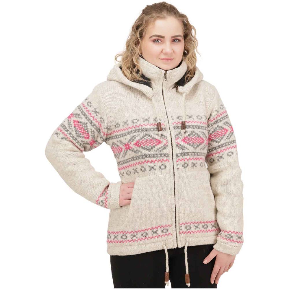 Kunst Und Magie Damen Klassische gefütterte Wolljacke Strickjacke Goa Wolle Jacke Norweger Muster abnehmbarer Kapuze Bis zu 55% Rabatt
