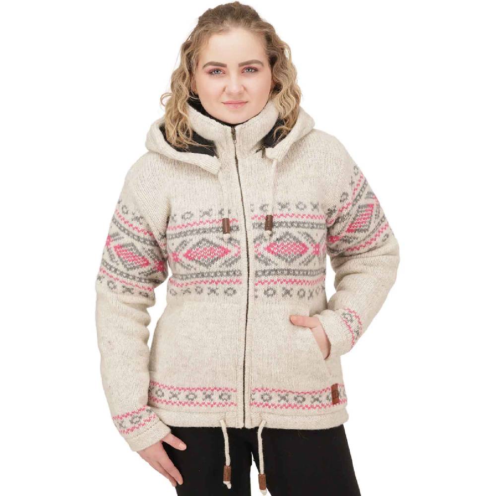Kunst Und Magie Damen Klassische gefütterte Wolljacke Strickjacke Goa Wolle Jacke Norweger Muster abnehmbarer Kapuze Bis zu 55% Rabatt