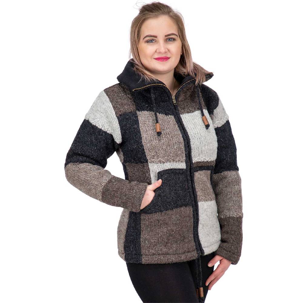Kunst Und Magie Damen Strickjacke Goa Wolle Bunte Patchwork Jacke mit Fleecefutter und Hochkragen Kostenloser Versand international