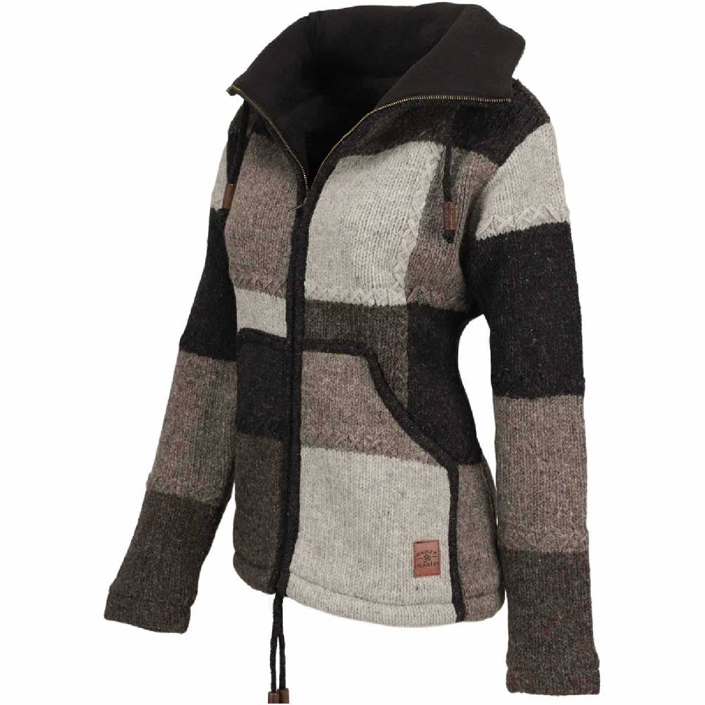 Kunst Und Magie Damen Strickjacke Goa Wolle Bunte Patchwork Jacke mit Fleecefutter und Hochkragen Kostenloser Versand international