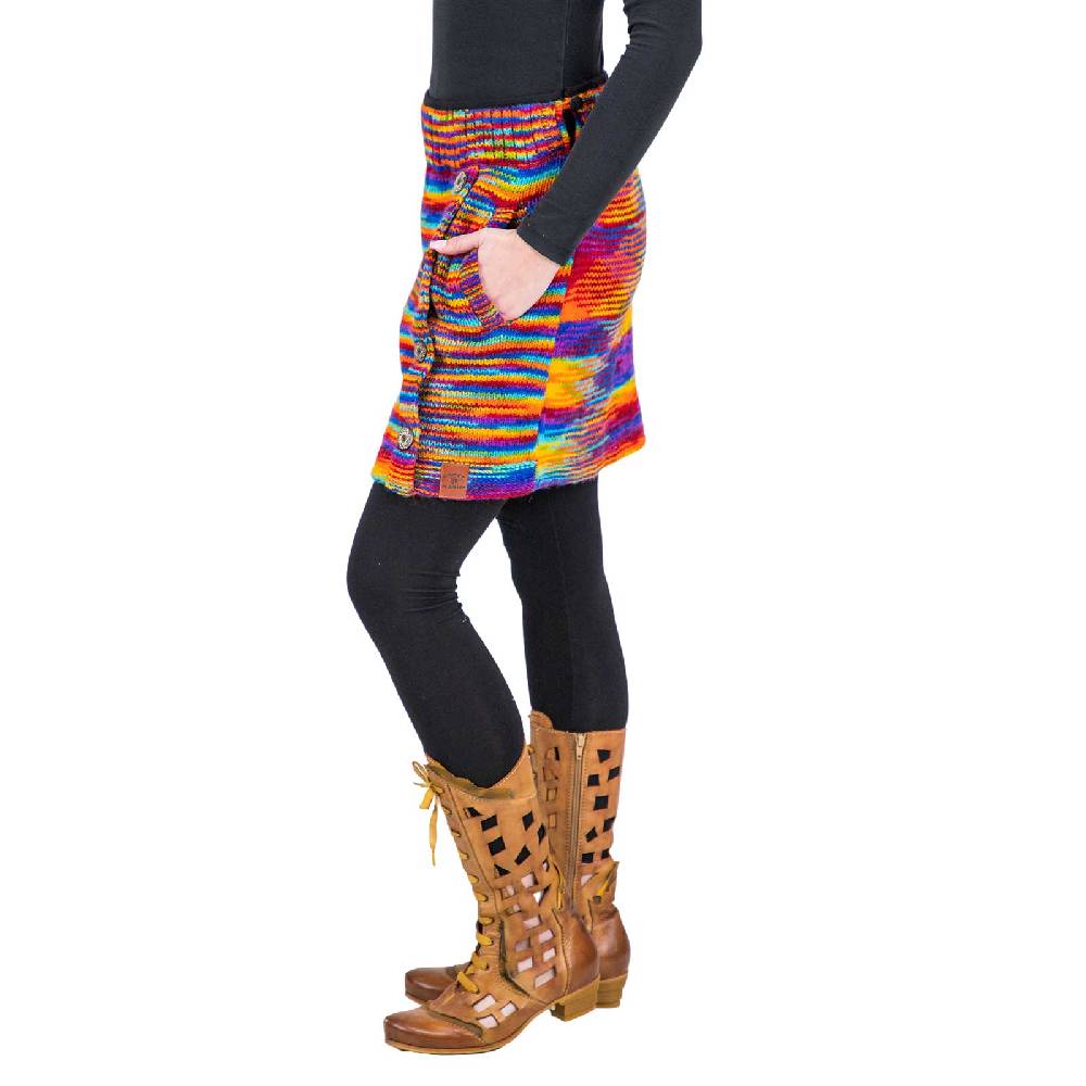 Kunst Und Magie Bunter Strickrock kurzer Rock mit Regenbogen Mustern Wolle gefüttert Hippie Goa Rainbow Outlet