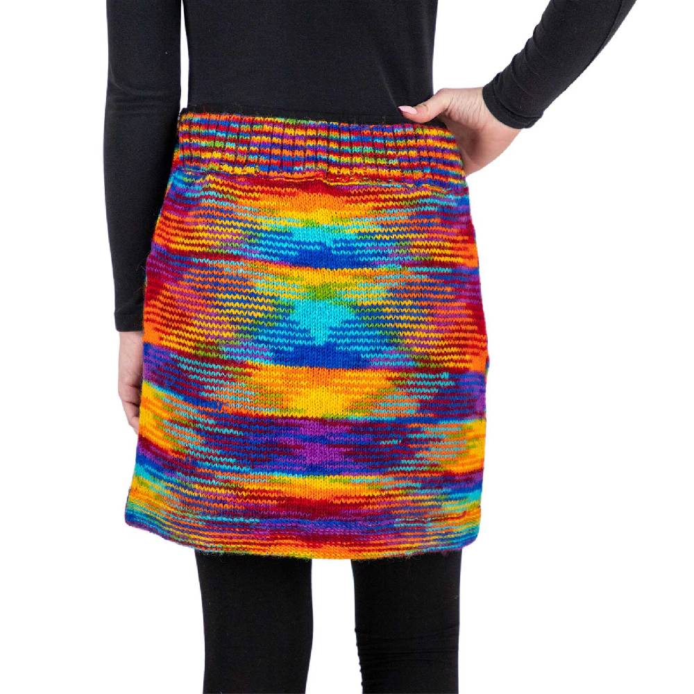 Kunst Und Magie Bunter Strickrock kurzer Rock mit Regenbogen Mustern Wolle gefüttert Hippie Goa Rainbow Outlet