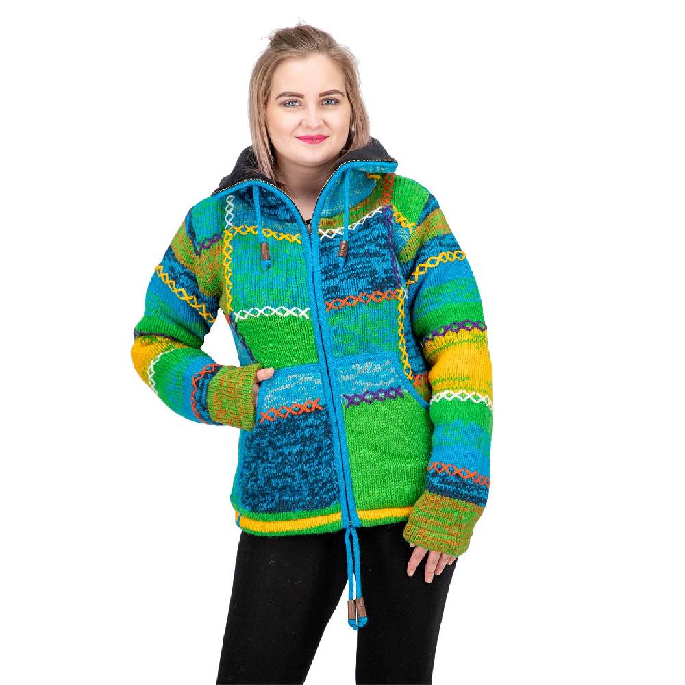 Kunst Und Magie Damen Strickjacke Goa Wolle Bunte Patchwork Jacke mit Fleecefutter und Hochkragen Angebote