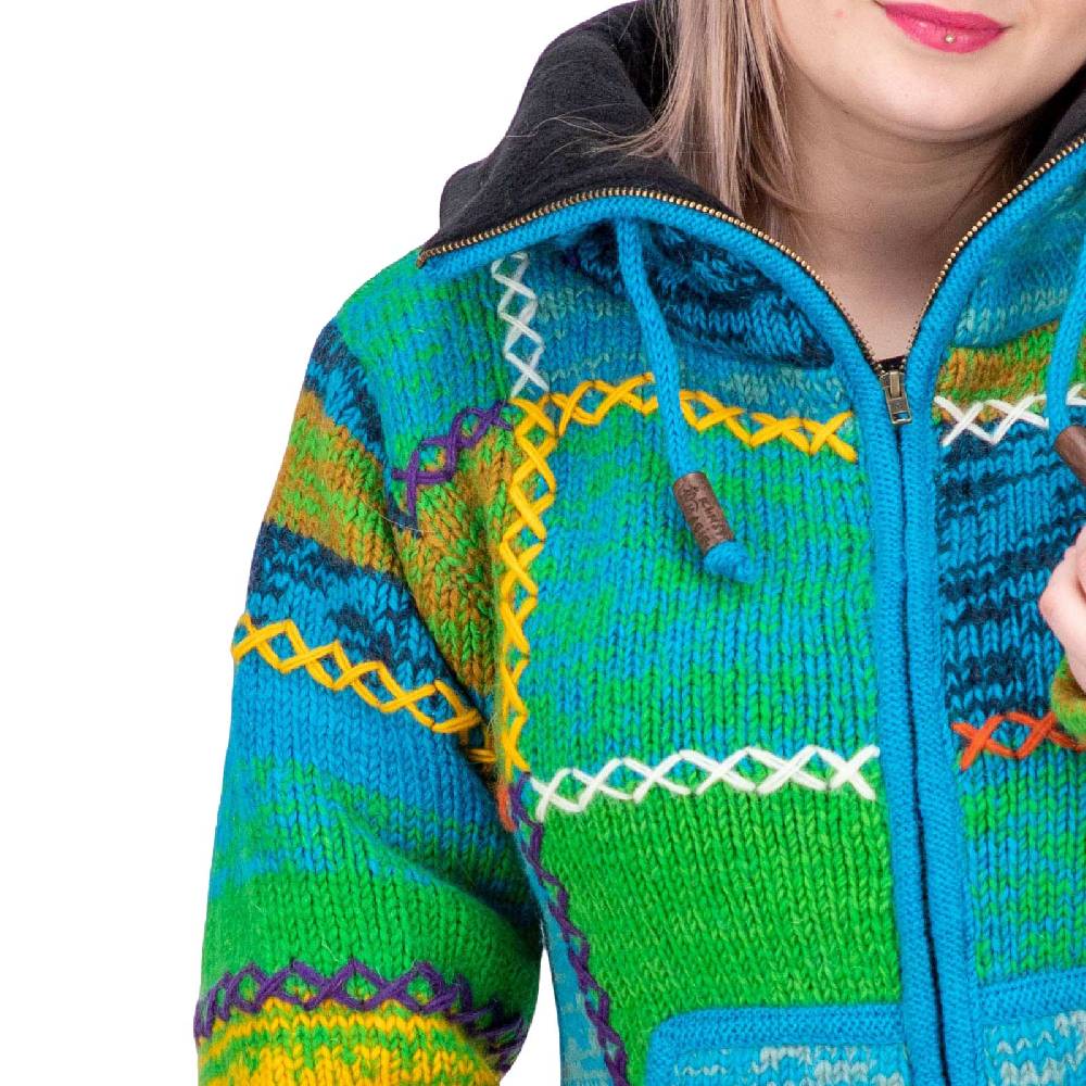 Kunst Und Magie Damen Strickjacke Goa Wolle Bunte Patchwork Jacke mit Fleecefutter und Hochkragen Angebote