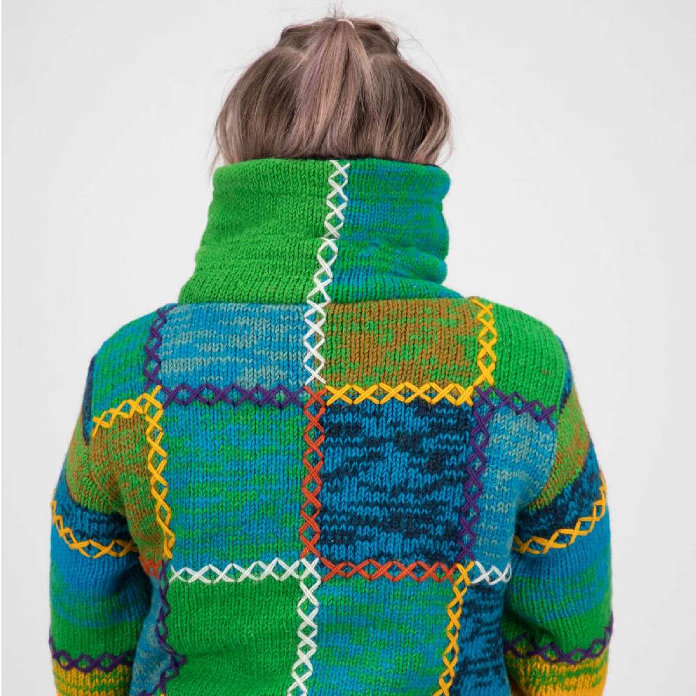 Kunst Und Magie Damen Strickjacke Goa Wolle Bunte Patchwork Jacke mit Fleecefutter und Hochkragen Angebote