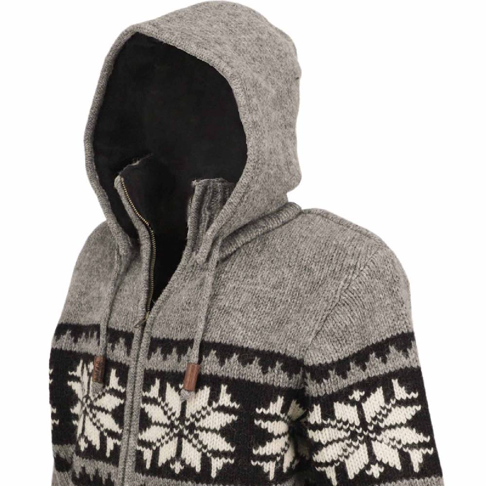 Kunst Und Magie Herren Strickjacke Schurwolle Klassich Nordisches Muster Wolle Jacke mit abnehmbarer Kapuze im Angebot