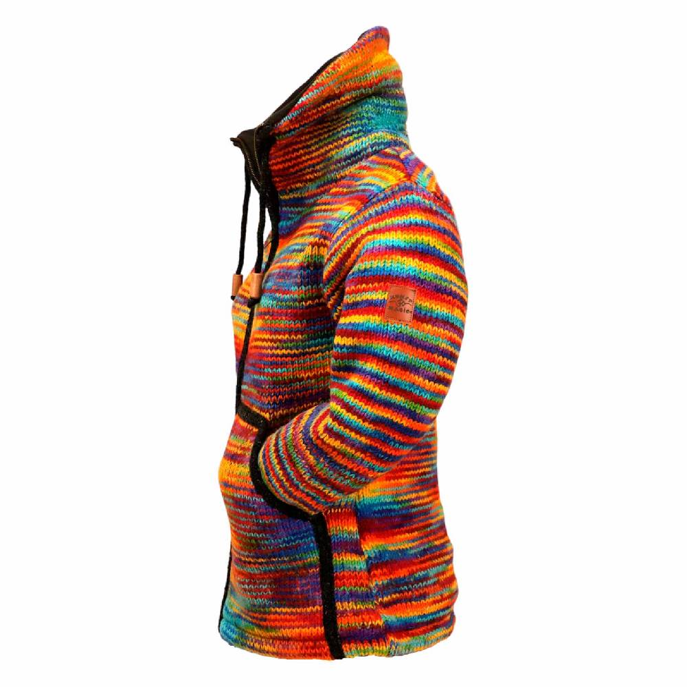 Kunst Und Magie Damen Strickjacke Goa Wolle Bunte Regenbogen Jacke Fleecefutter Hochkragen Goa Boho Fair Meist gekauft
