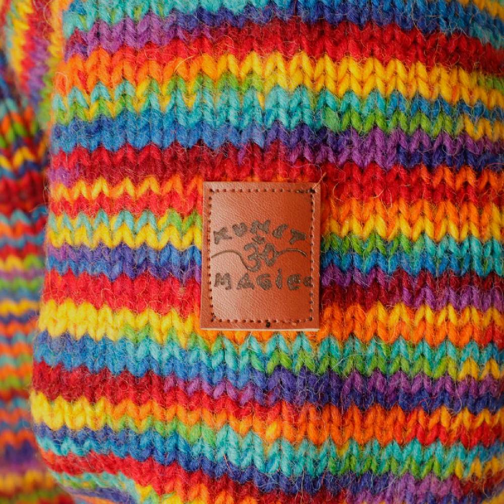 Kunst Und Magie Damen Strickjacke Goa Wolle Bunte Regenbogen Jacke Fleecefutter Hochkragen Goa Boho Fair Meist gekauft