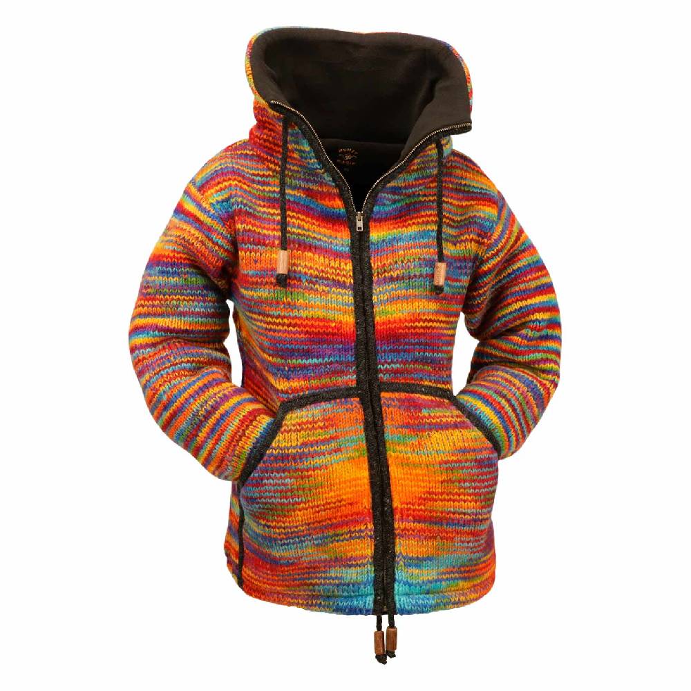 Kunst Und Magie Damen Strickjacke Goa Wolle Bunte Regenbogen Jacke Fleecefutter Hochkragen Goa Boho Fair Meist gekauft