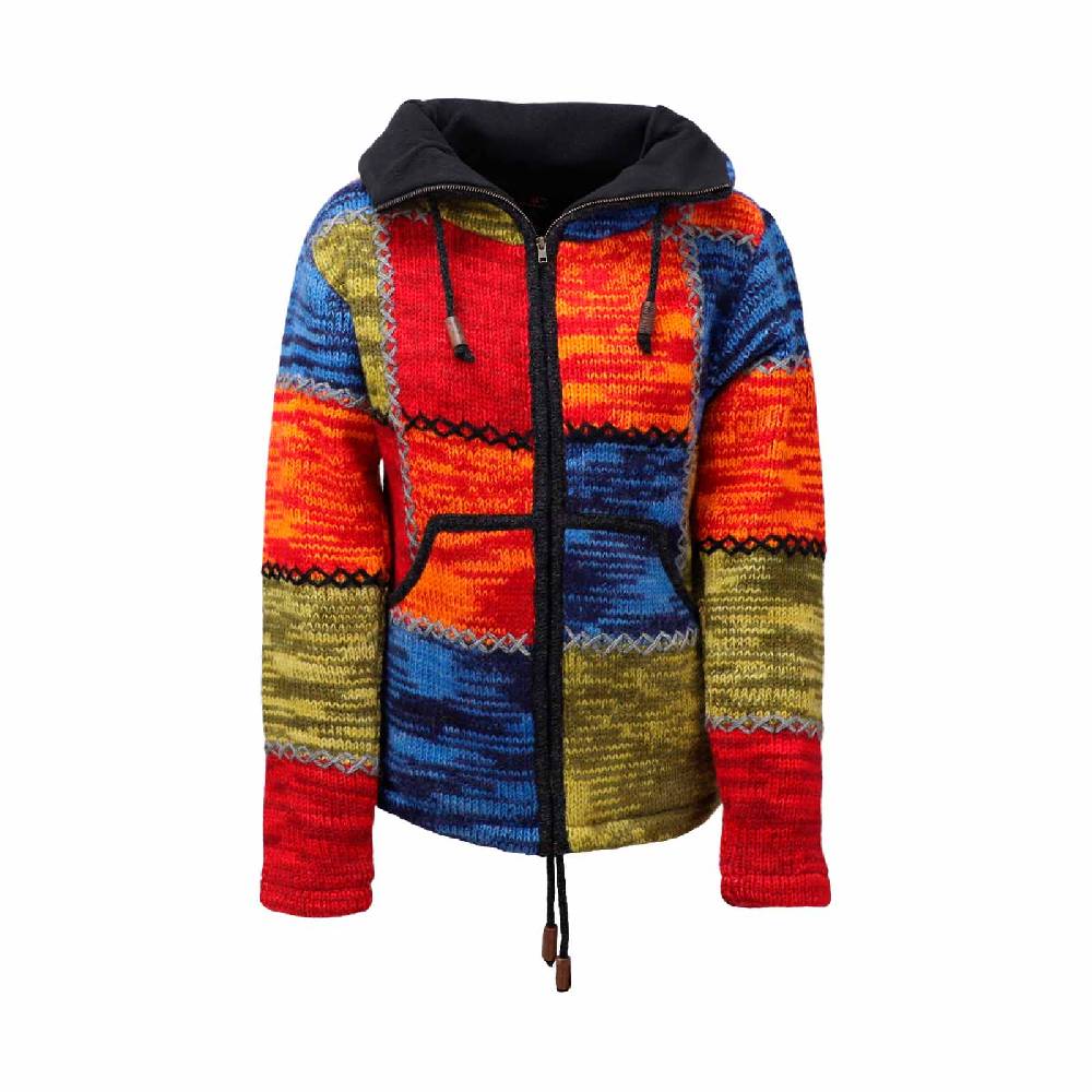 Kunst Und Magie Damen Strickjacke Goa Wolle Bunte Patchwork Jacke mit Fleecefutter und Hochkragen Fair Blitzverkäufe