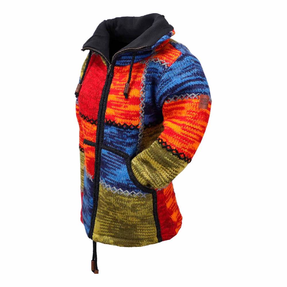 Kunst Und Magie Damen Strickjacke Goa Wolle Bunte Patchwork Jacke mit Fleecefutter und Hochkragen Fair Blitzverkäufe