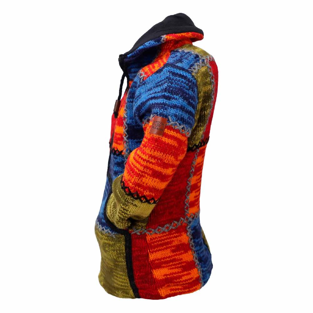 Kunst Und Magie Damen Strickjacke Goa Wolle Bunte Patchwork Jacke mit Fleecefutter und Hochkragen Fair Blitzverkäufe