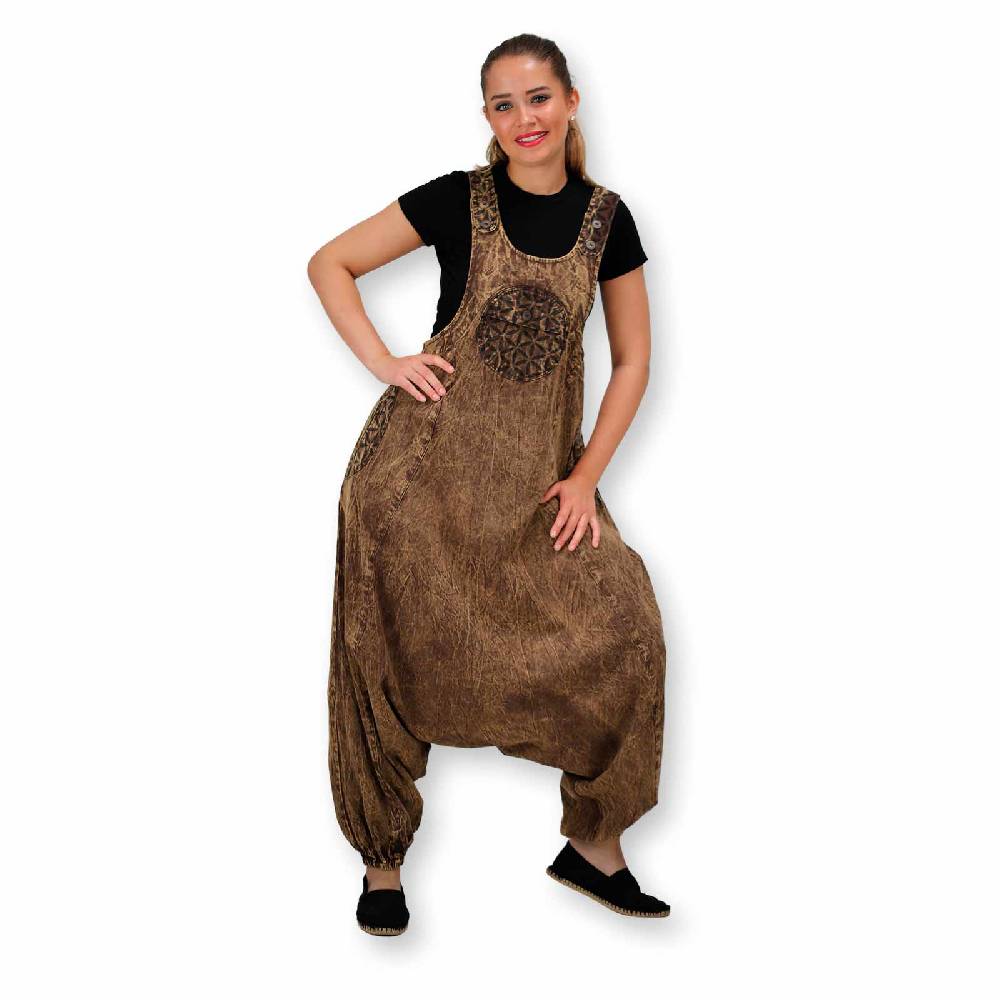 Kunst Und Magie Hippie Latzhose Haremshose Goa Hose Boho 70er Jumpsuit Overall Blume des Lebens Rabatt
