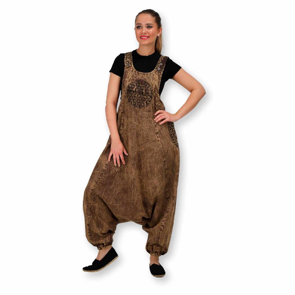Kunst Und Magie Hippie Latzhose Haremshose Goa Hose Boho 70er Jumpsuit Overall Blume des Lebens Rabatt