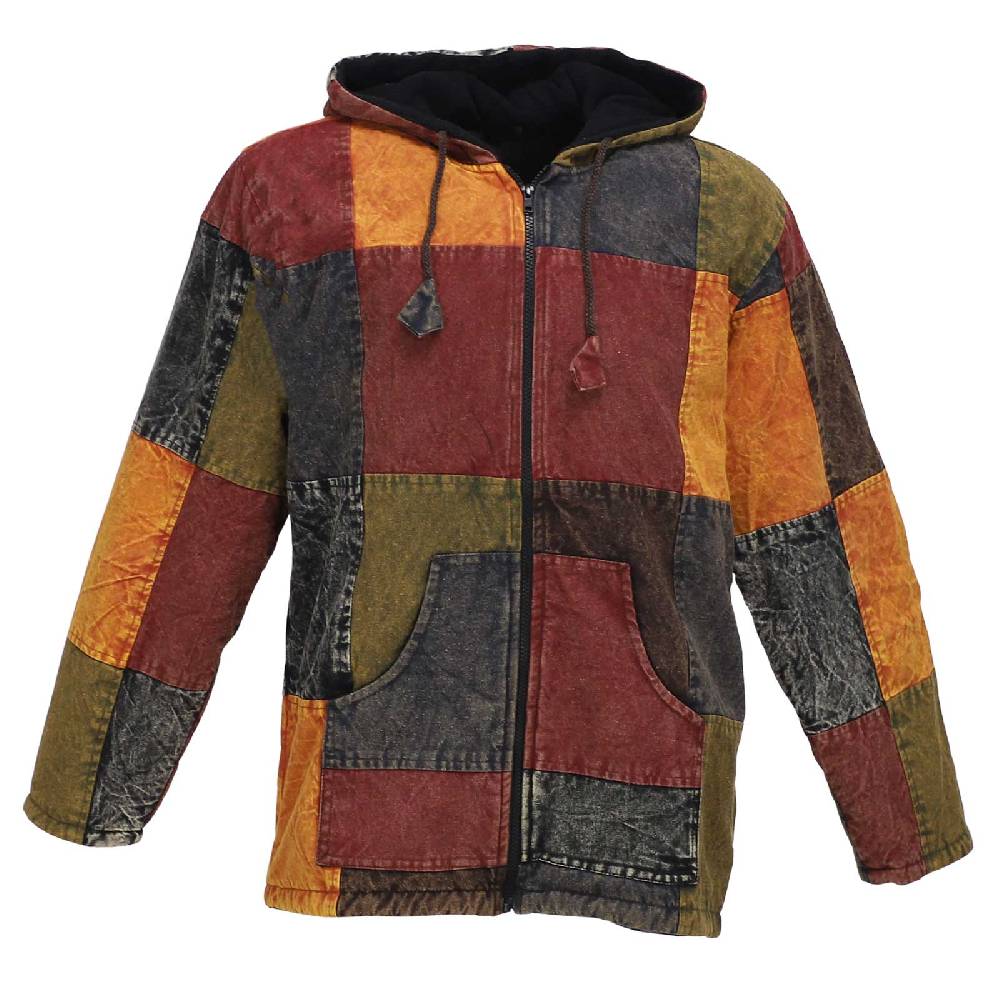 Kunst Und Magie Patchwork Jacke Baja Hoodie Herren alternativ Kapuzenjacke mit Fleecefutter Nachhaltig Fair Versandkostenfrei