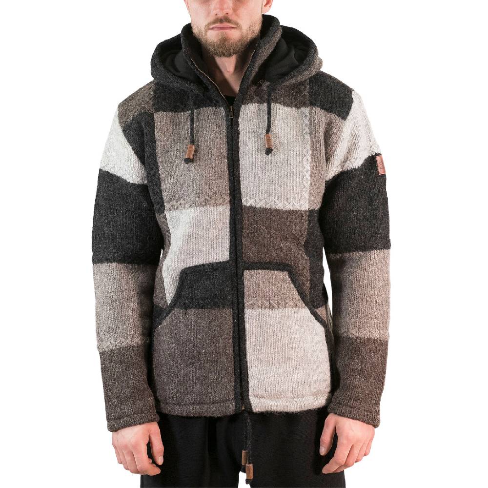 Kunst Und Magie Herren Strickjacke Patchwork Wolle Jacke mit abnehmbarer Kapuze und Fleecefutter Hippie Zeitlich begrenztes Angebot