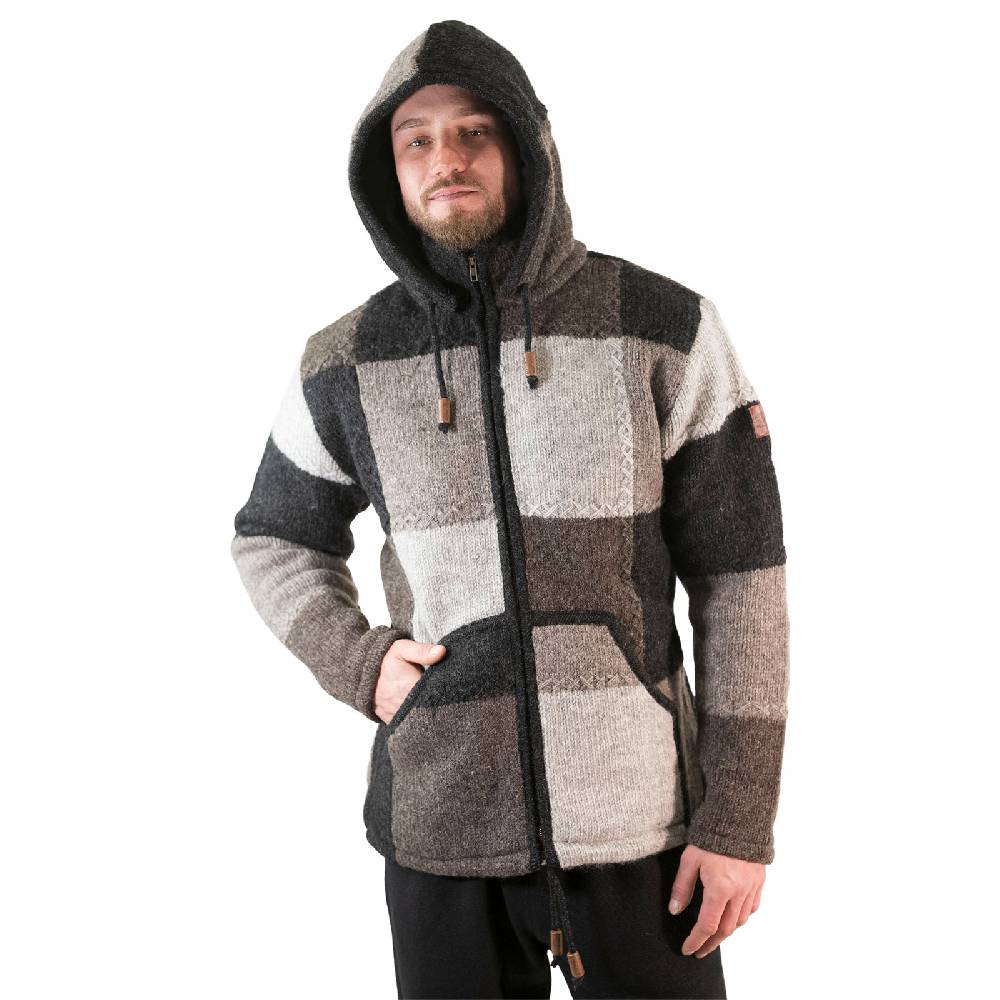 Kunst Und Magie Herren Strickjacke Patchwork Wolle Jacke mit abnehmbarer Kapuze und Fleecefutter Hippie Zeitlich begrenztes Angebot