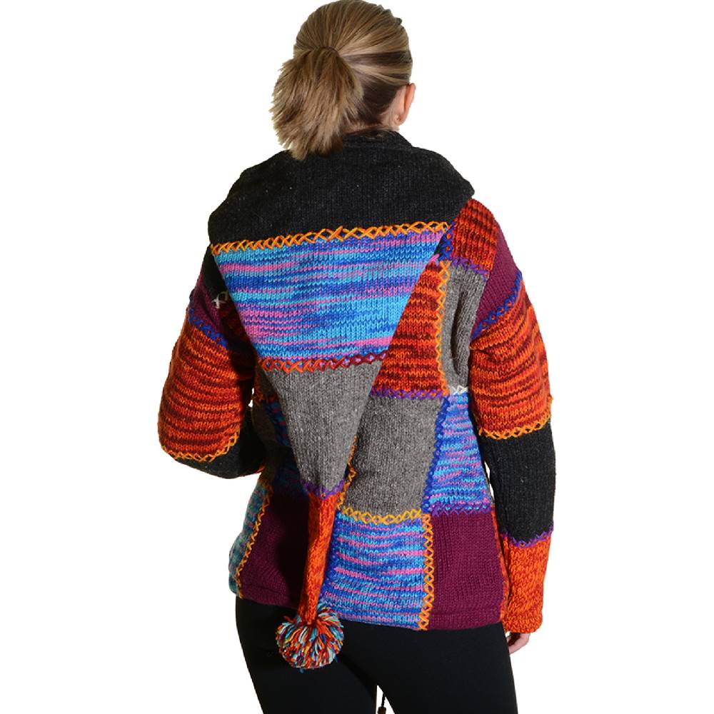 Kunst Und Magie Damen Strickjacke Goa Wolle Jacke mit Fleecefutter mit abnehmbarer Zipfelkapuze Exklusive Angebote