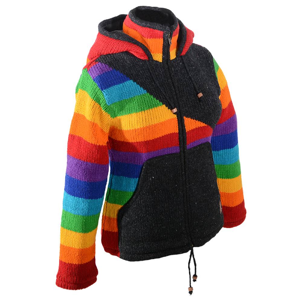 Kunst Und Magie Damen Goa Winter Strickjacke Wolle Fleecefutter abnehmbarer Zipfelkapuze Schwarz/Regenbogen Blitzangebot