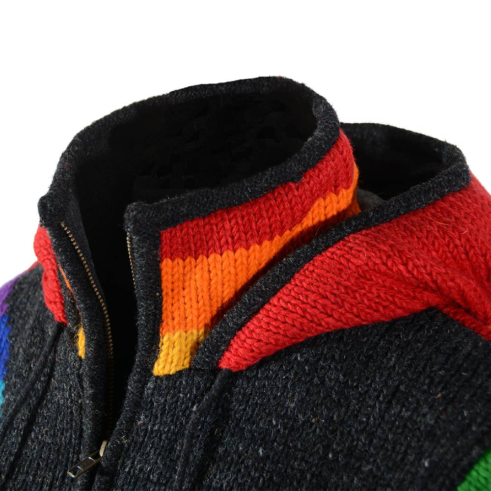 Kunst Und Magie Damen Goa Winter Strickjacke Wolle Fleecefutter abnehmbarer Zipfelkapuze Schwarz/Regenbogen Blitzangebot