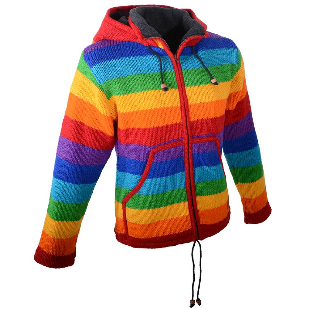 Kunst Und Magie Damen Regenbogen Strickjacke Goa Wolle Jacke mit Fleecefutter und abnehmbarer Zipfelkapuze Große Rabatte