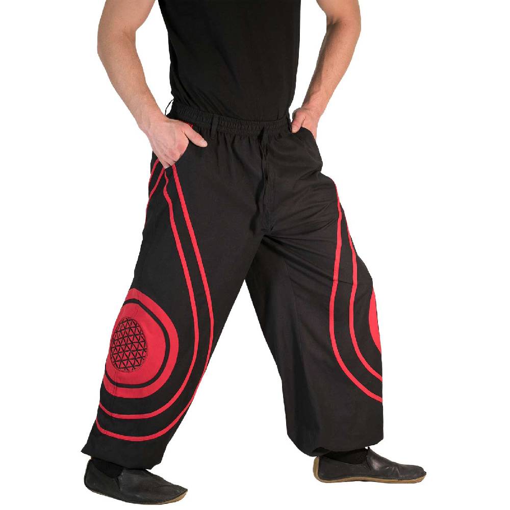 Kunst Und Magie Hose Blume des Lebens Goa Hippiehose Pluderhose mit Kordelzug Gürtelschlaufen Haremshose Flower of Life Neuheiten
