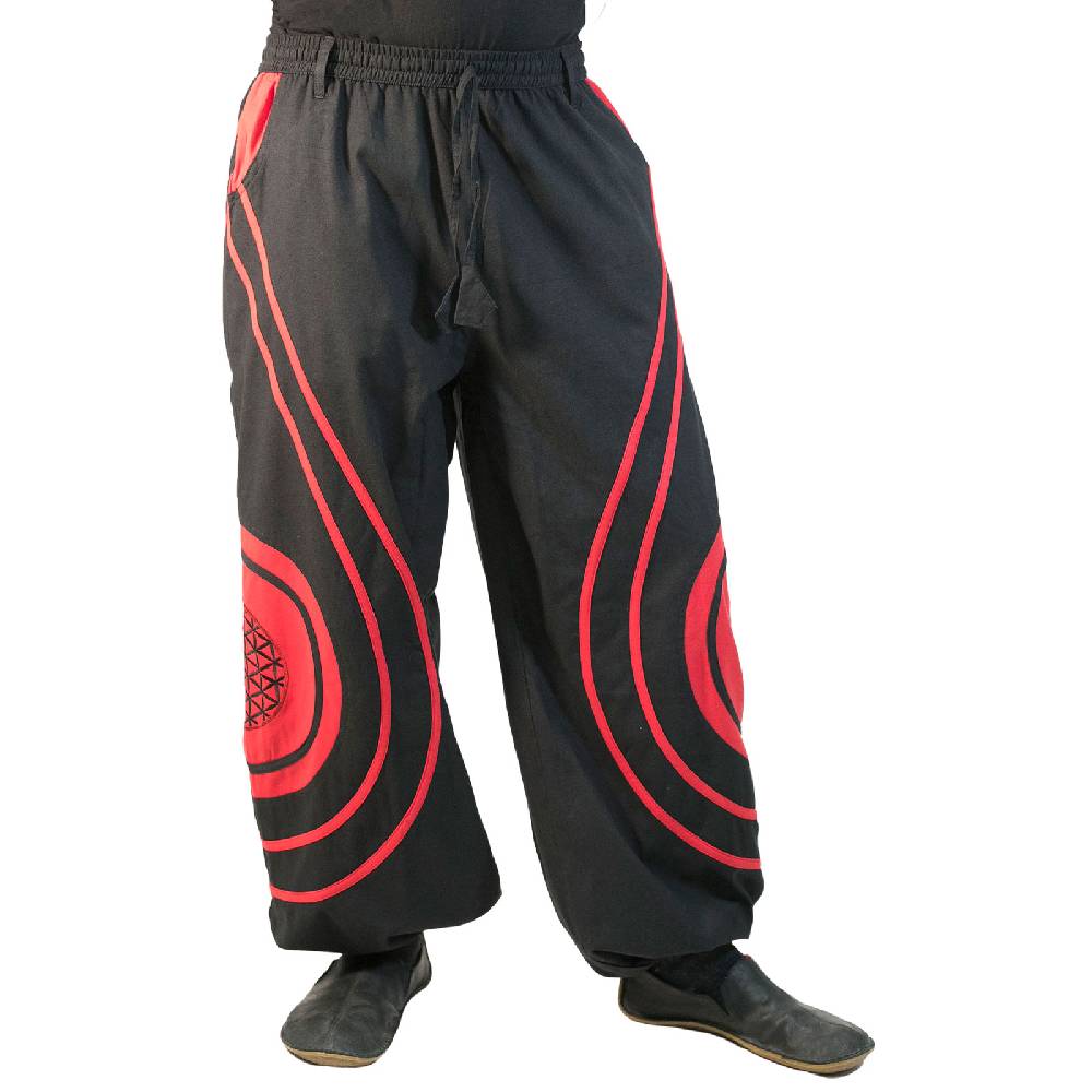 Kunst Und Magie Hose Blume des Lebens Goa Hippiehose Pluderhose mit Kordelzug Gürtelschlaufen Haremshose Flower of Life Neuheiten