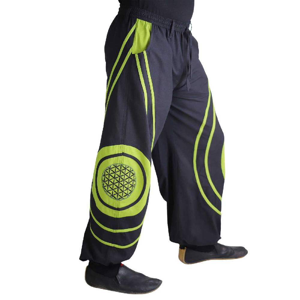 Kunst Und Magie Hose Blume des Lebens Goa Hippiehose Pluderhose mit Kordelzug Gürtelschlaufen Haremshose Flower of Life Neuheiten