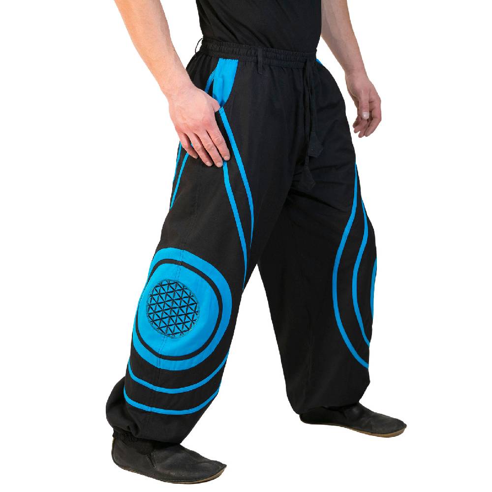 Kunst Und Magie Hose Blume des Lebens Goa Hippiehose Pluderhose mit Kordelzug Gürtelschlaufen Haremshose Flower of Life Neuheiten